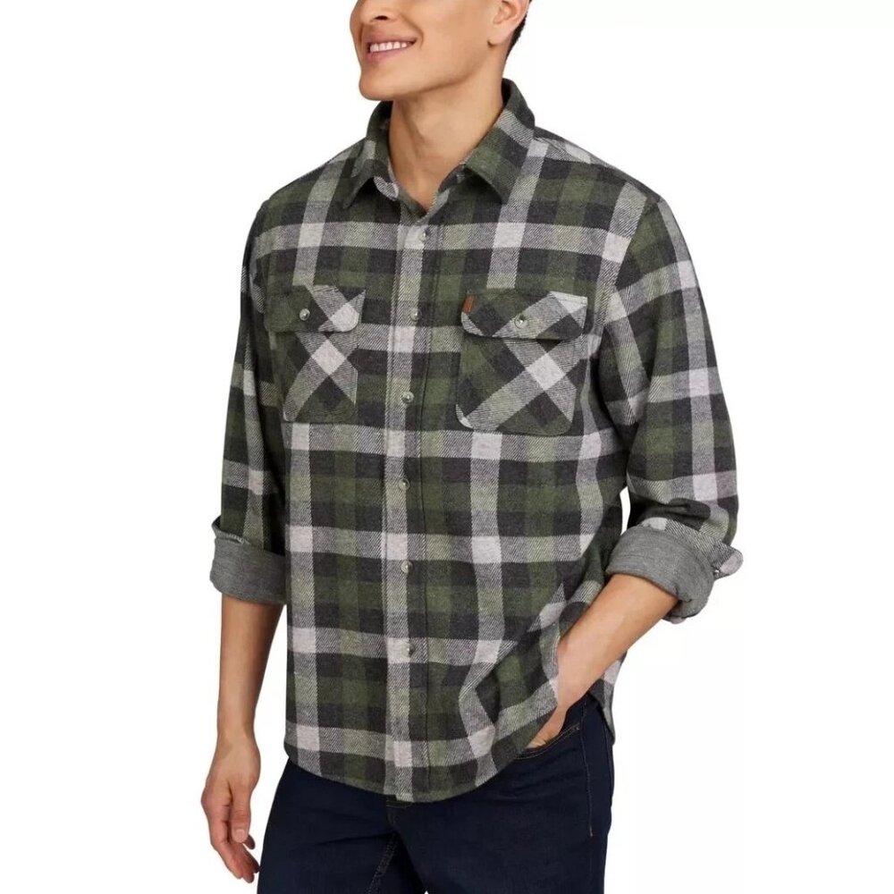 CHAPS Men's Size 3XL XXXL Knit Button Up Stretch Green Plaid Flannel Shirt NWT